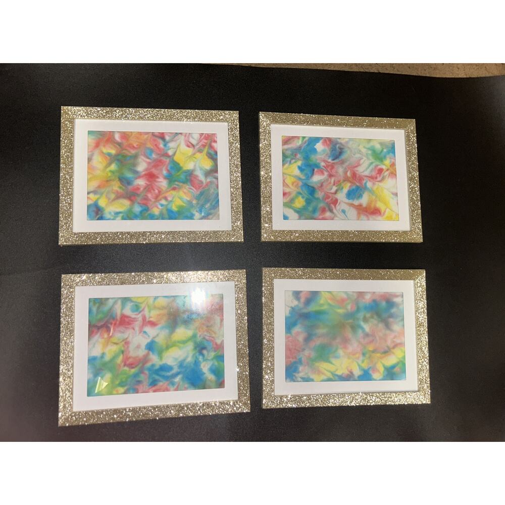 New Set of 4 Tie Dye Multicolored Glitter Gold Picture Frame Wall Art Home Decor